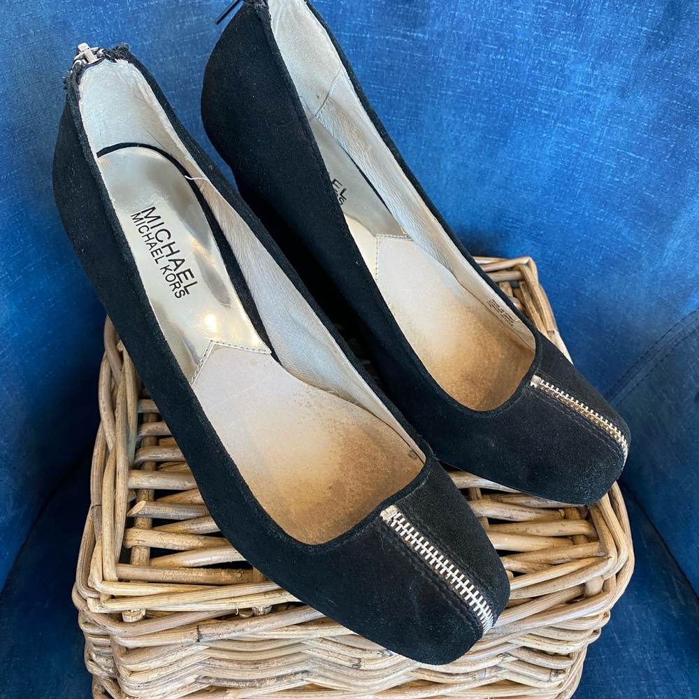 Michael Kors Black Suede Wedge Heels With Zipper Details